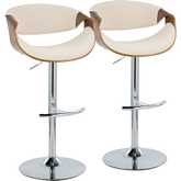 Curvo Adjustable Swivel Bar Stool in Chrome, Walnut Wood & Cream Fabric (Set of 2)